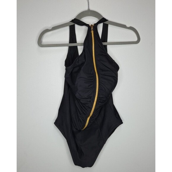 Miraclesuit Black One‑Piece Swimsuit Gold Front Zipper, Size 16 – Stylish & Slim - Picture 1 of 8